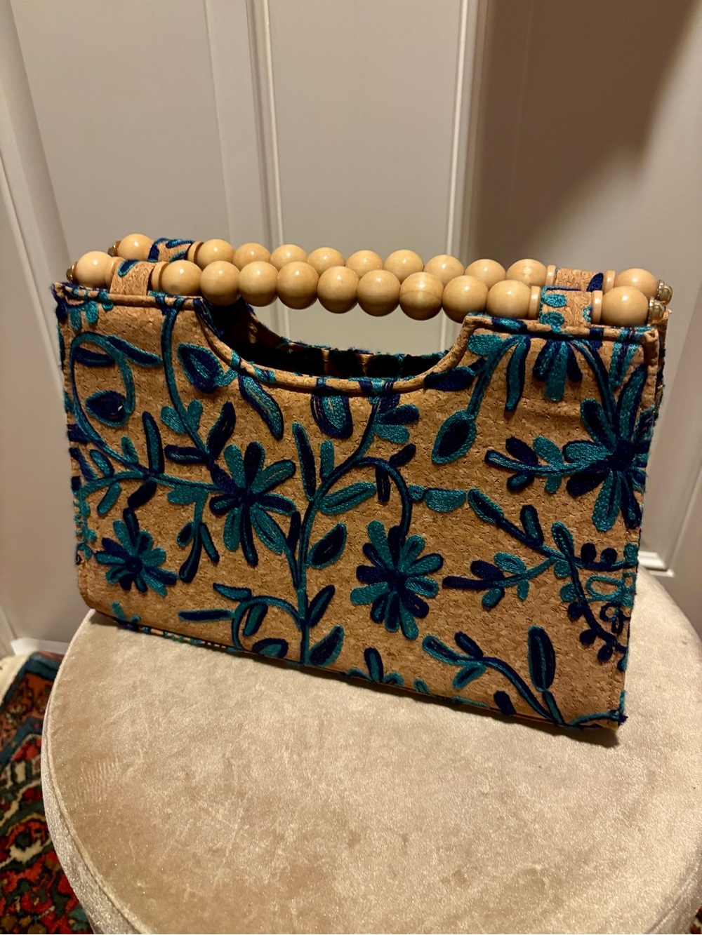 Beaded-Handle Embroidered Tan & Teal Floral Handbag (unbranded)